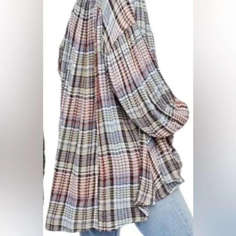 Free People “Come On Over” Oversized‎ Plaid Shirt Size XS